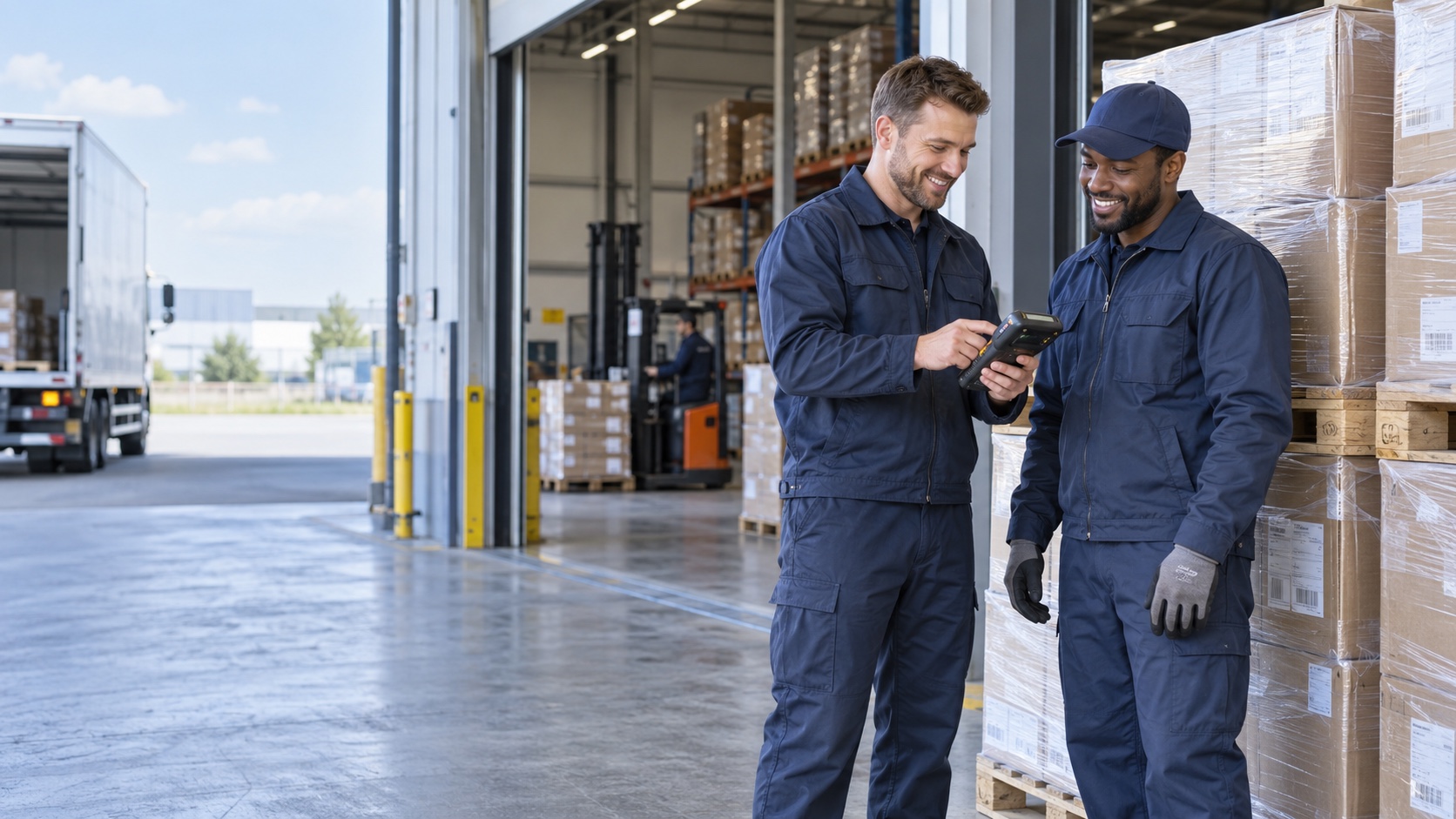 Zwei Lagermitarbeiter bei verpackten Paletten