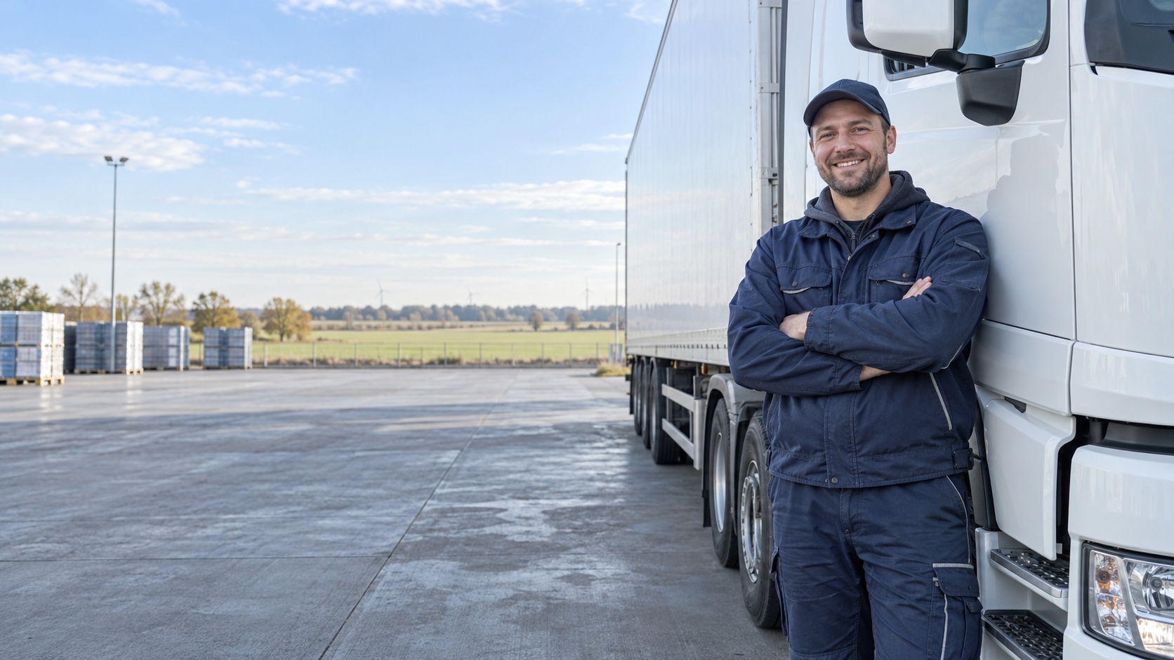Lächelnder Fahrer mit mobilem Gerät am Lkw