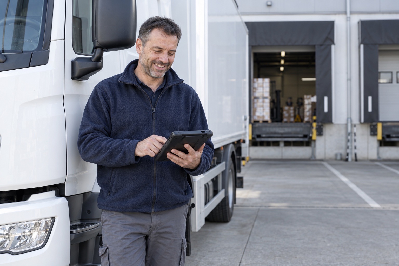 Lächelnder Lkw-Fahrer mit einem mobilen Gerät neben einem weißen Liefer-Lkw
