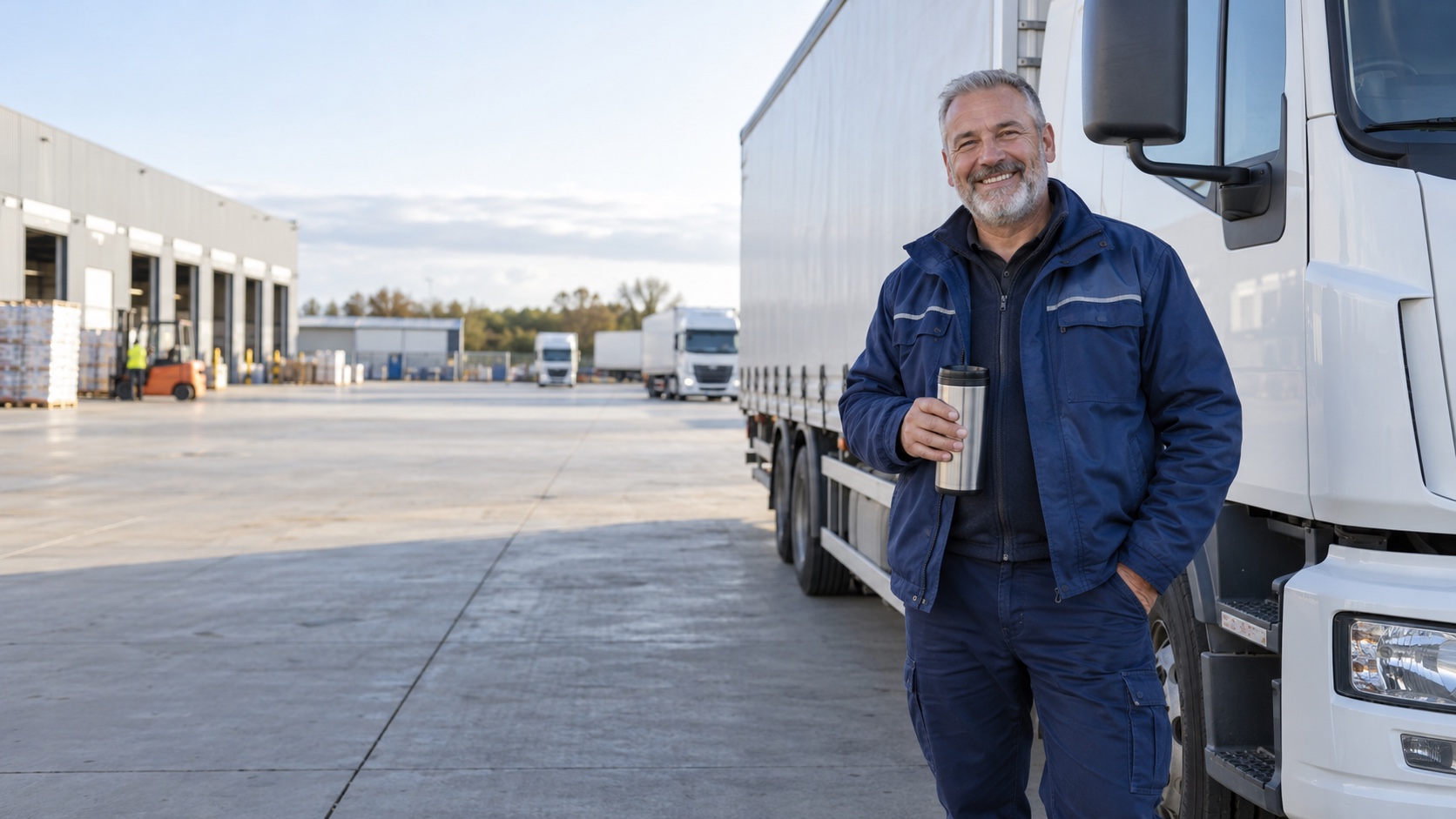 Lächelnder Lkw-Fahrer in blauer Arbeitskleidung