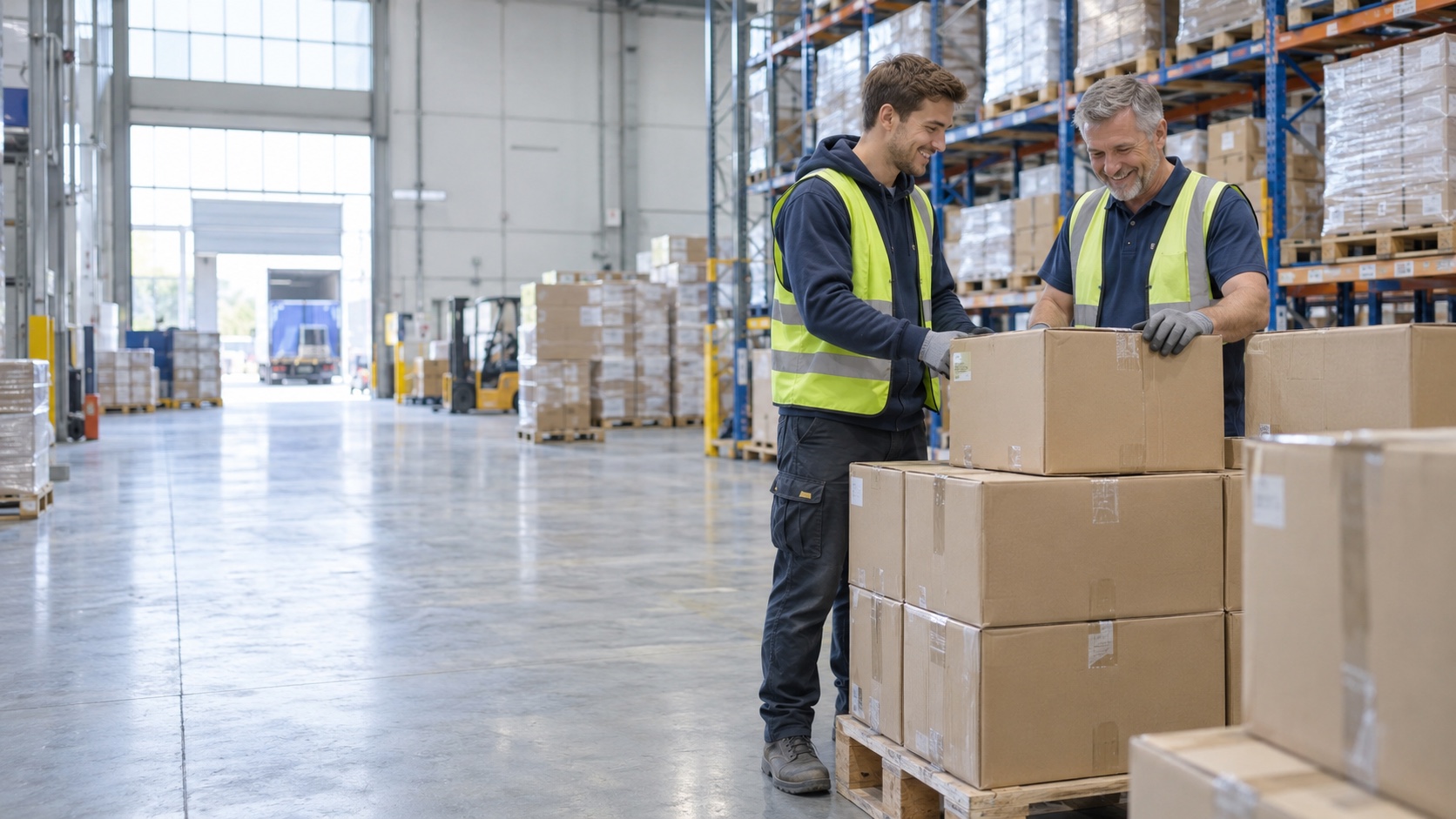 Lächelnde Lagermitarbeiter bei verpackten Kartons
