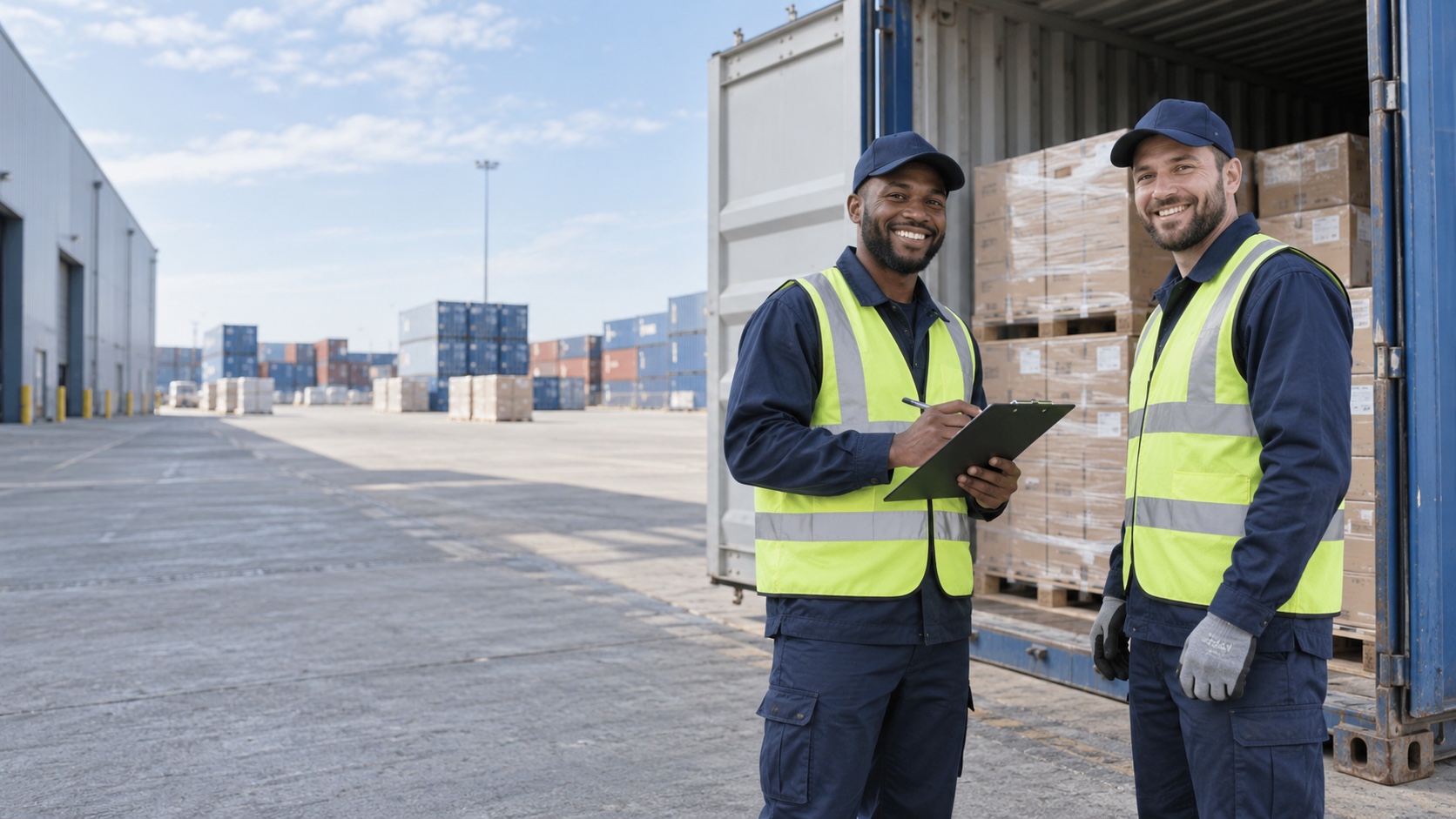Lächelnde Mitarbeiter an einem geöffneten Container