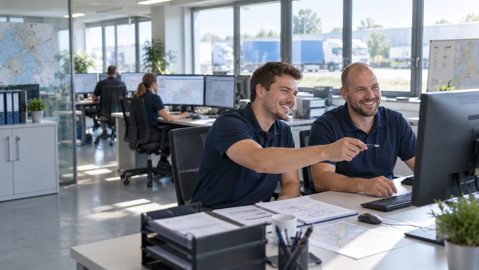 Zwei Büromitarbeiter in der Logistikplanung