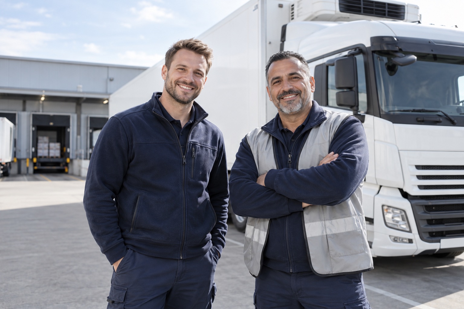 Zwei lächelnde Fahrer neben einem weißen Lkw